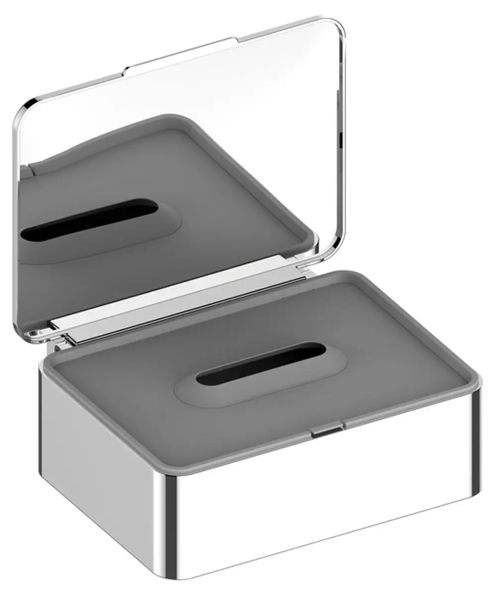Keuco Feuchtpapierbox aus Aluminium in Silber, mit verchromtem Deckel. Die Box ist geöffnet und zeigt eine graue Einlage mit einer Aussparung für das Feuchtpapier.